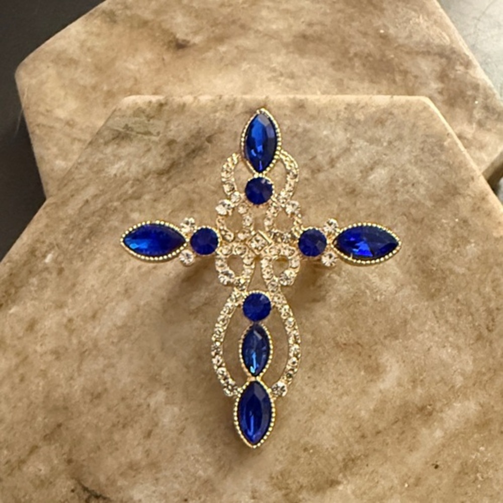 Elegant Blue & Gold Cross Women’s Brooches |Evening Brooch |Occasions Brooches